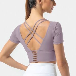 Halara Round Neck Short Sleeve Backless Crossover Cropped Sports Top